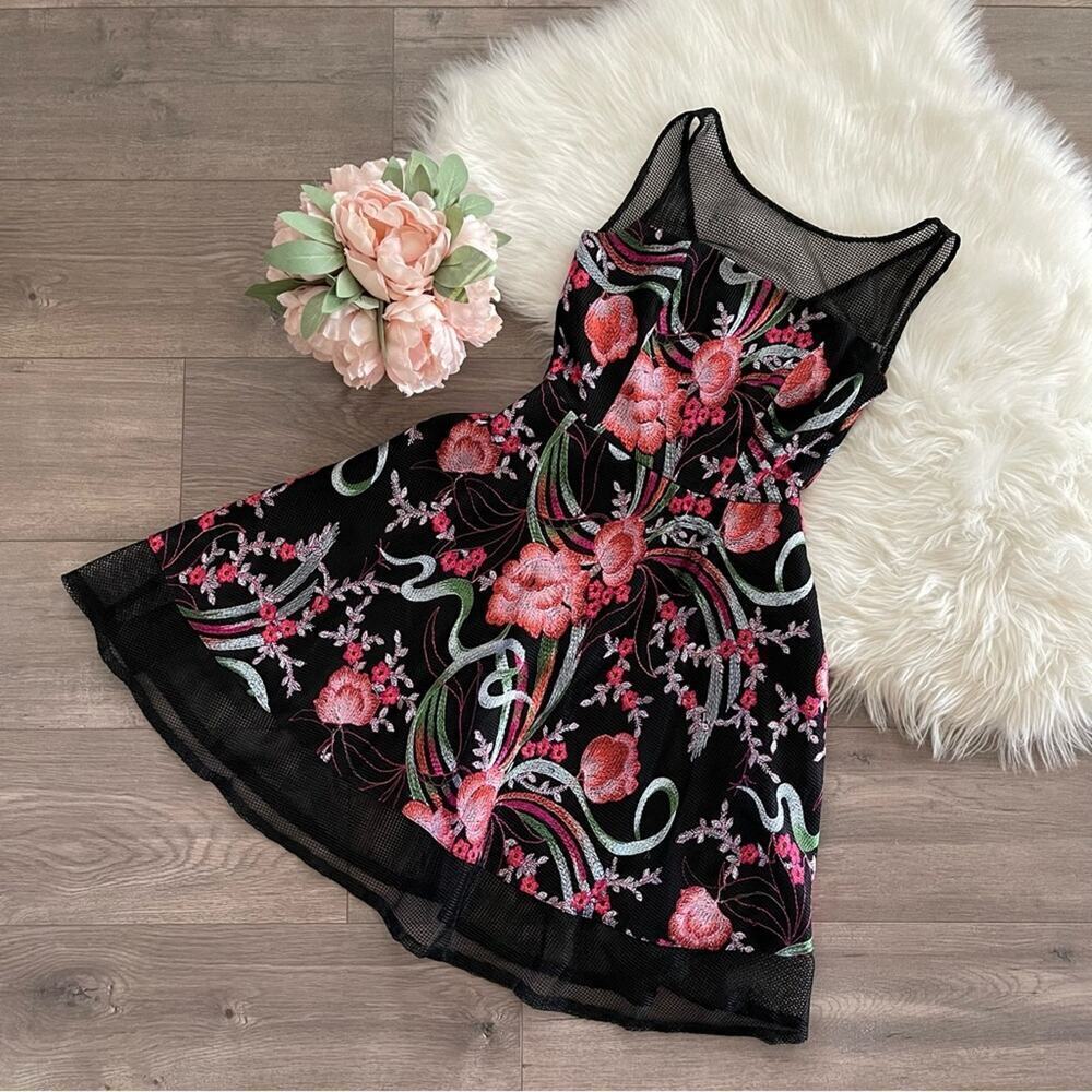 Aidan Mattox Black Floral Embroidered Net Sheer Fit & Flare‎ Dress 0